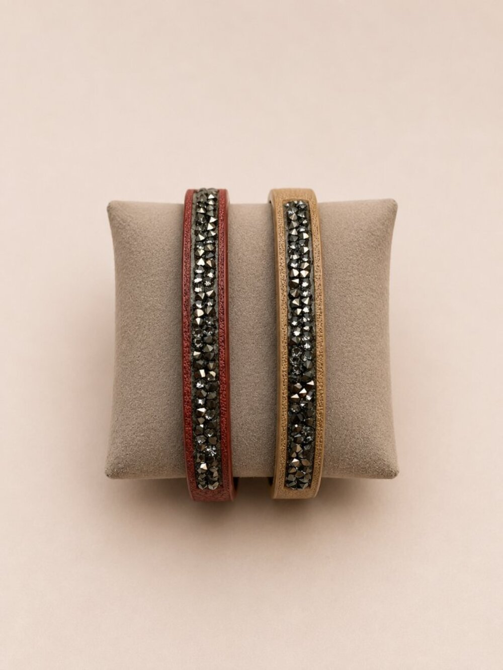 Leather Bracelet Set of Two Red and Beige with Crystals and Snap Closure